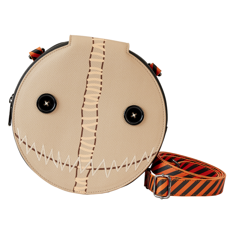 Image of our Trick 'r Treat Crossbody Bag, featuring a circular form, showing Sam's face in his costume on the front